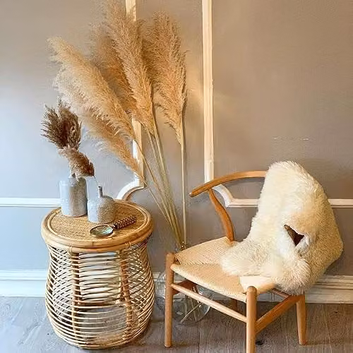 Desser Royal Rattan Side Table in Beige, Round Wicker Lamp Table with Cane Pole Design – 3
