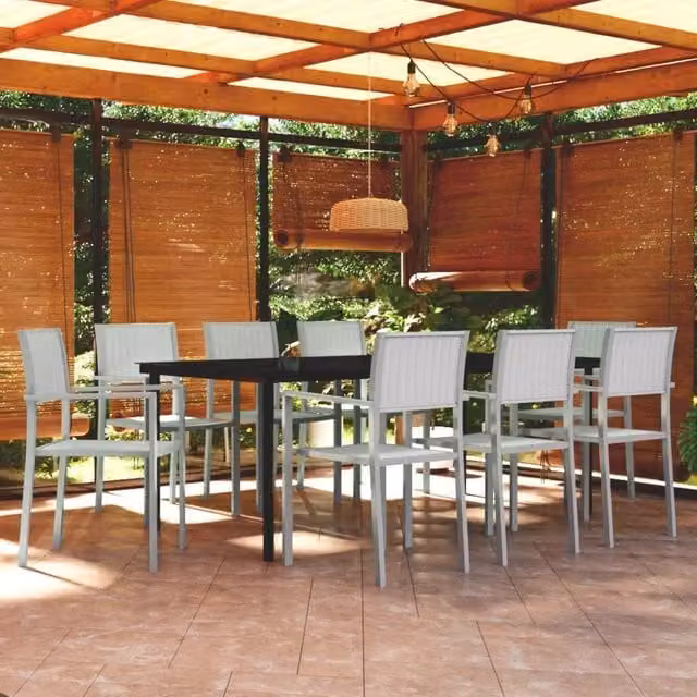 Berkfield Home 9 Piece Modern Garden Dining Set in White Matt Powder Coated Steel with Glass Top