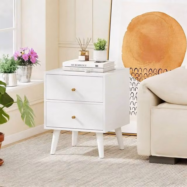 EONLION Mid-Century Modern Bedside Table with Storage in White and Gold, Width: 100 cm