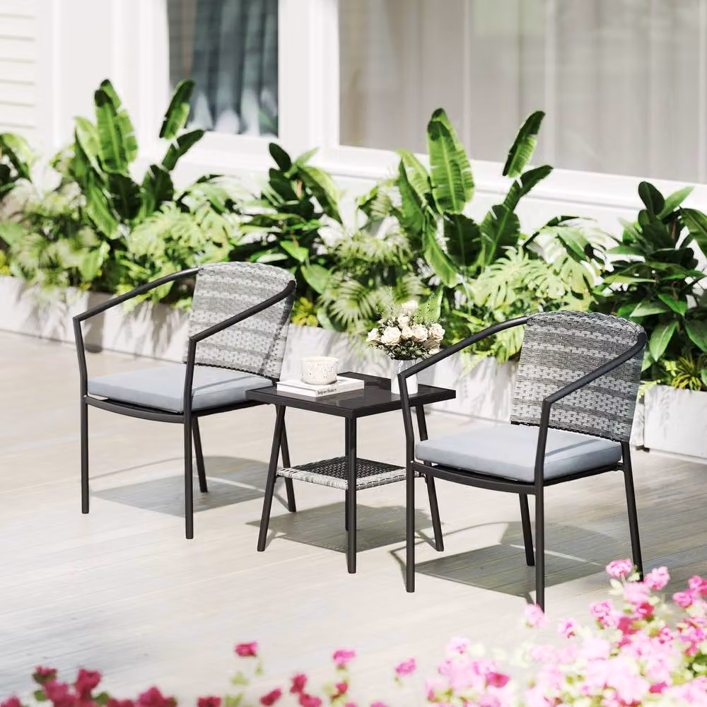 ERGOVEXA 3 Piece Grey Rattan Bistro Set with Cushions and Glass Tabletop – 7