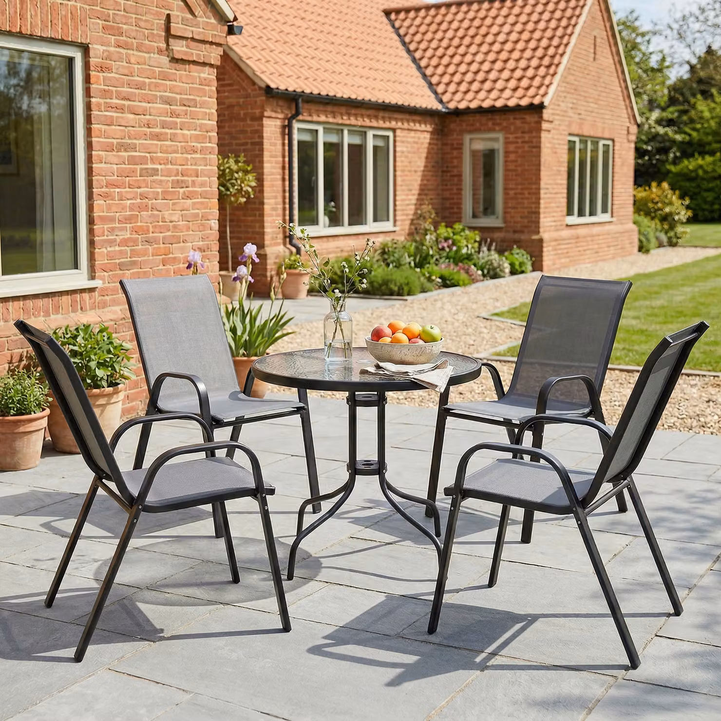 Outsunny 5 Piece Steel Patio Dining Set with Glass Top Round Table and 4 Chairs in Dark Grey – 2