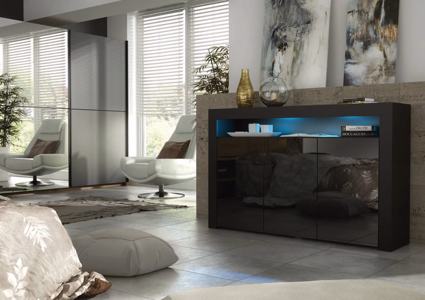 Creative Furniture Aether Modern Glossy Black Sideboard with Integrated Lighting W: 155 cm, H: 92 cm, D: 40 cm – 2