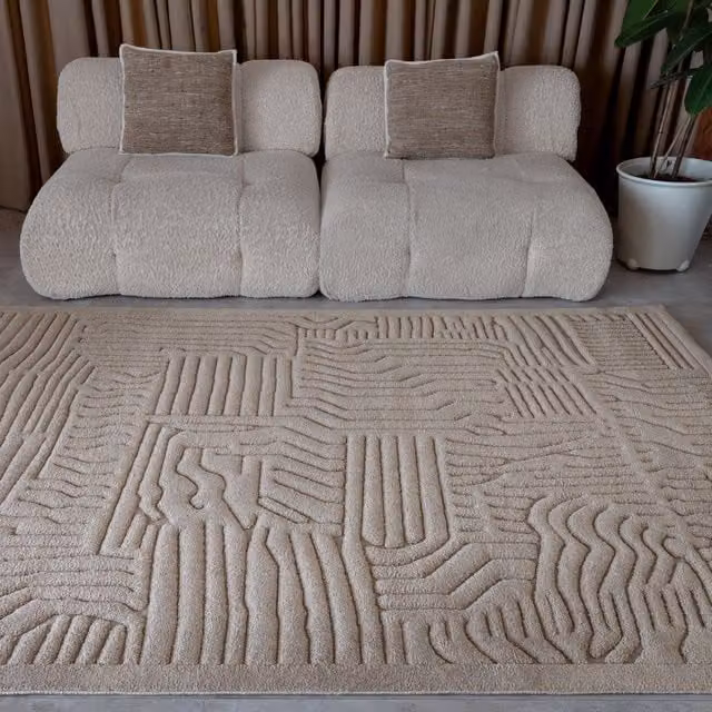 Asiatic Carpets Valley Plain Carved Natural Route Rug in Beige and Yellow, W: 160 cm, L: 230 cm