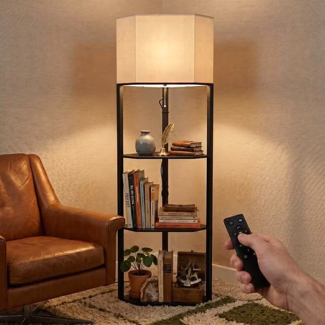 HOMCOM Modern Black Corner Floor Lamp with Shelves, Dimmable Standing Lamp with Remote Control and Timer