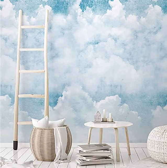Grandeco Blue Clouds Mural Wallpaper in Blue and White