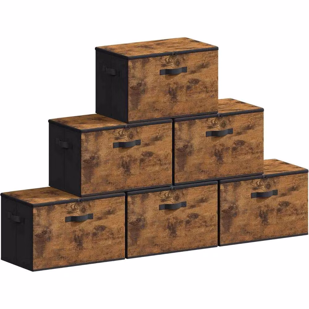 The Bazaarist Set of 6 Brown Fabric Storage Boxes with Lids and Handles – 2