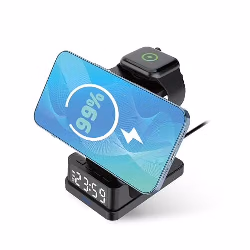 Groov-e Asteria 4-in-1 Wireless Charging Station with Alarm Clock in Black