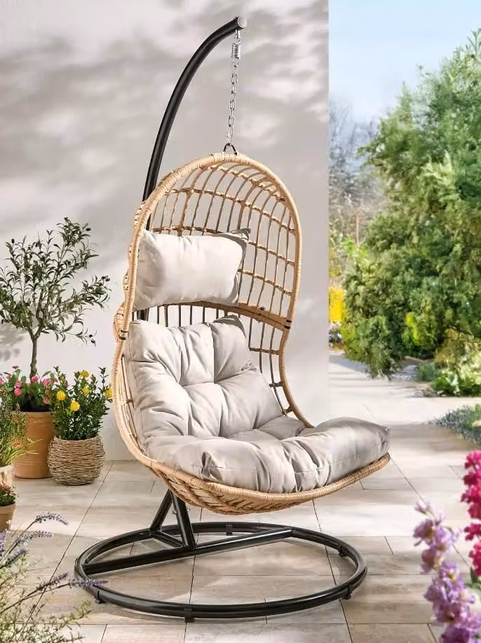 Cheap Furniture Warehouse Modern Cocoon Hanging Chair with PE Rattan and Powder Coated Steel Frame in Black and Beige with UV Resistant Polyester Cushions