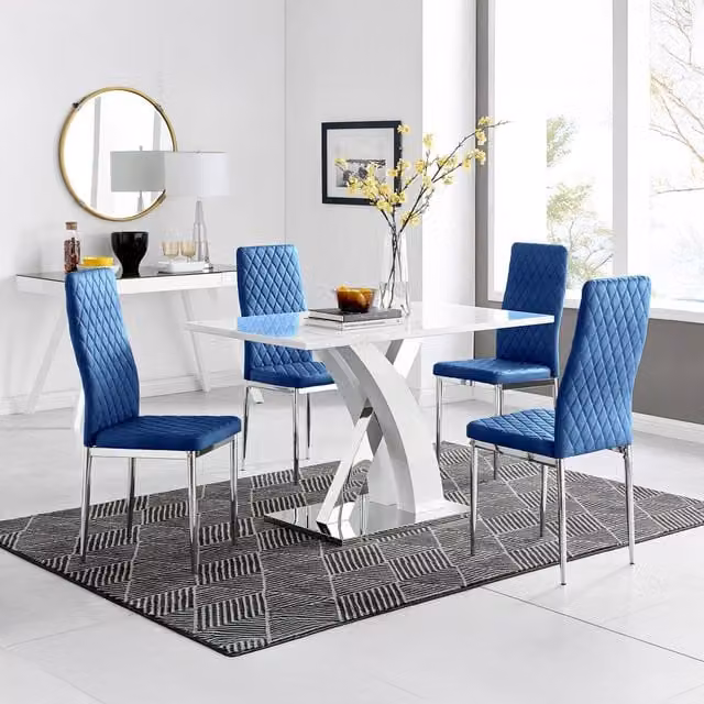 FurnitureboxUK Atlanta White Rectangular Dining Table and 4 Navy Blue Velvet Milan Chairs
