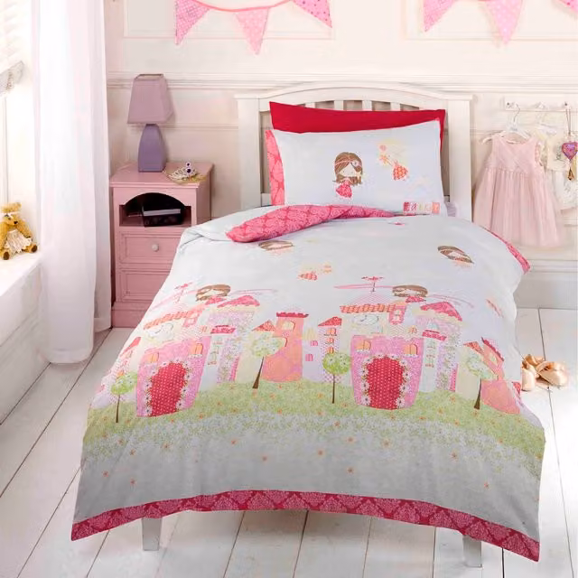 Rapport Home Fairy Castle Polycotton Duvet Cover and Pillowcase Set for Children, Pink Multicolour