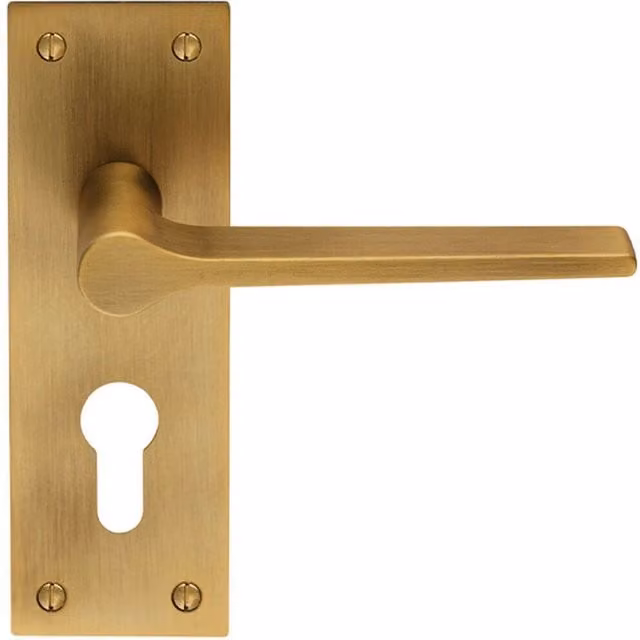 Loops Pair of Flat Straight Lever on Slim Euro Lock Backplate, Antique Brass, W: 150 mm, H: 50 mm