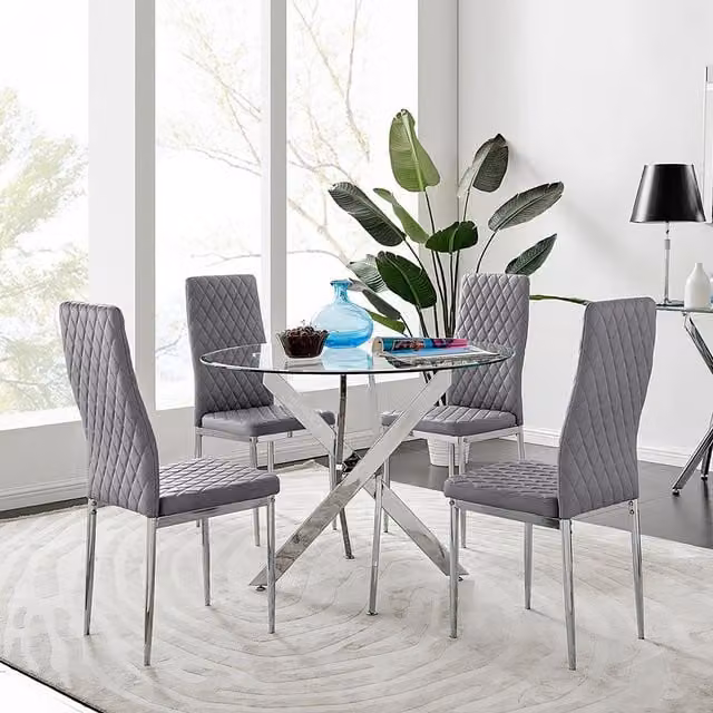FurnitureboxUK Novara Round Glass Dining Table and 4 Grey Velvet Milan Chairs – 1