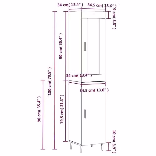 vidaXL Modern Highboard in Smoked Oak, Brown Engineered Wood, W/D/H: 34.5 x 33.18 x 180 cm – 2