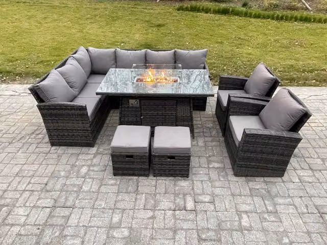 Fimous 10 Seater Rattan Garden Furniture Set in Dark Grey with High Back Corner Sofa, Gas Fire Pit Dining Table, Armchair and 2 Footstools