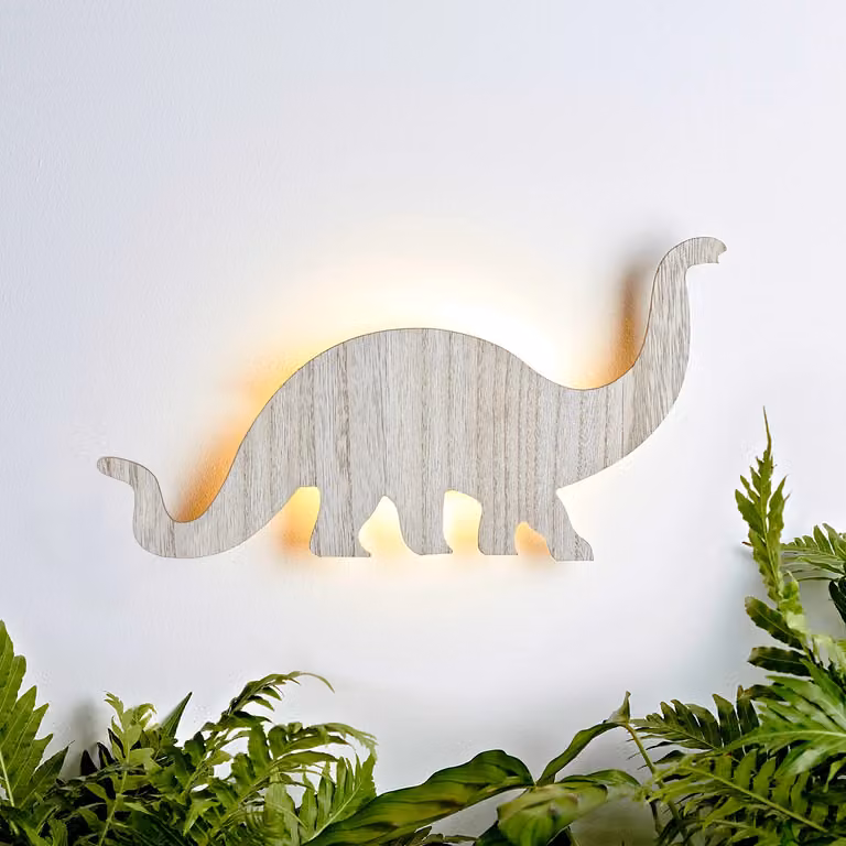 Lights4fun Wooden Diplodocus Dinosaur LED Wall Night Light with Remote and Timer, Brown