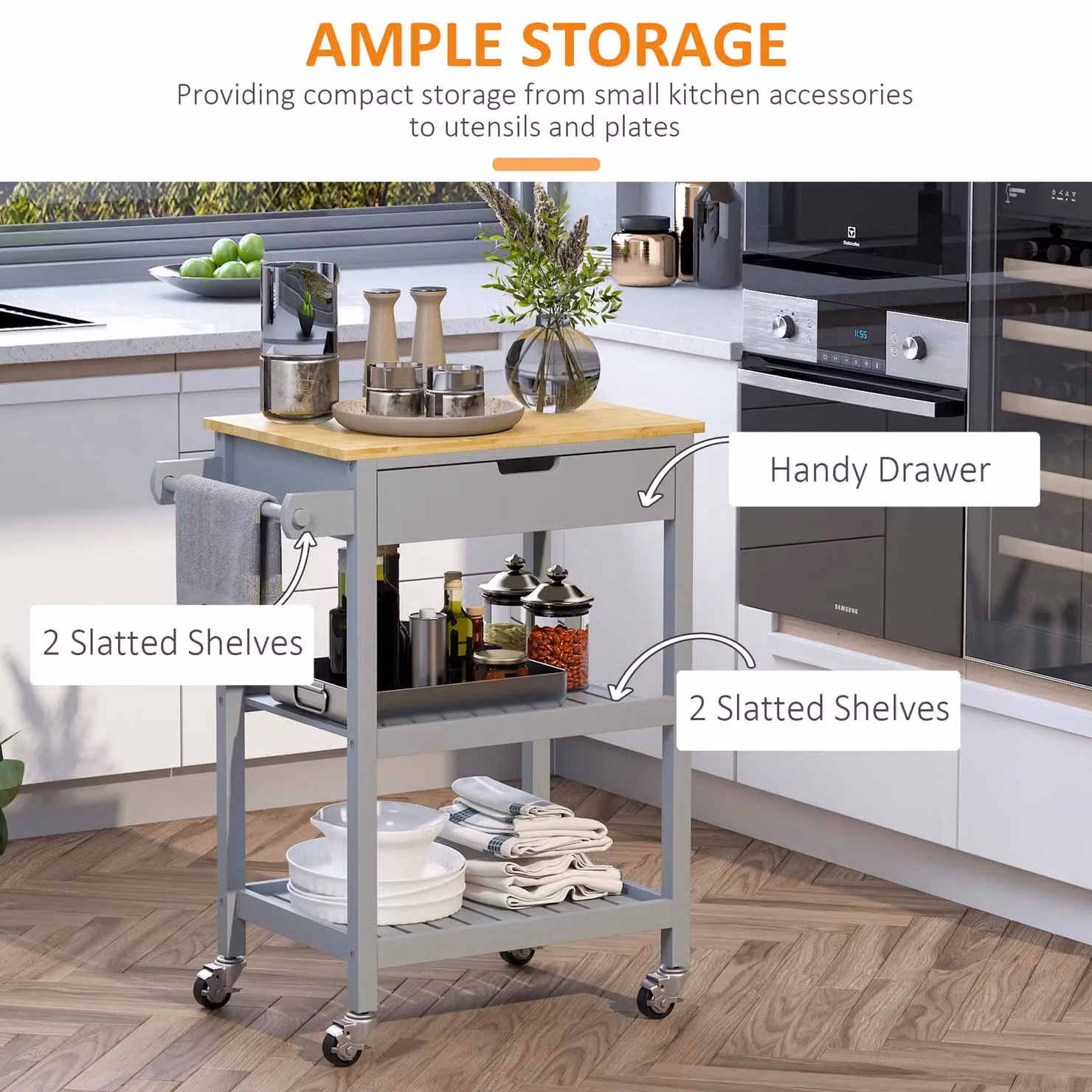 HOMCOM Kitchen Trolley Utility Cart with Rubberwood Worktop and Towel Rack in Grey – 3