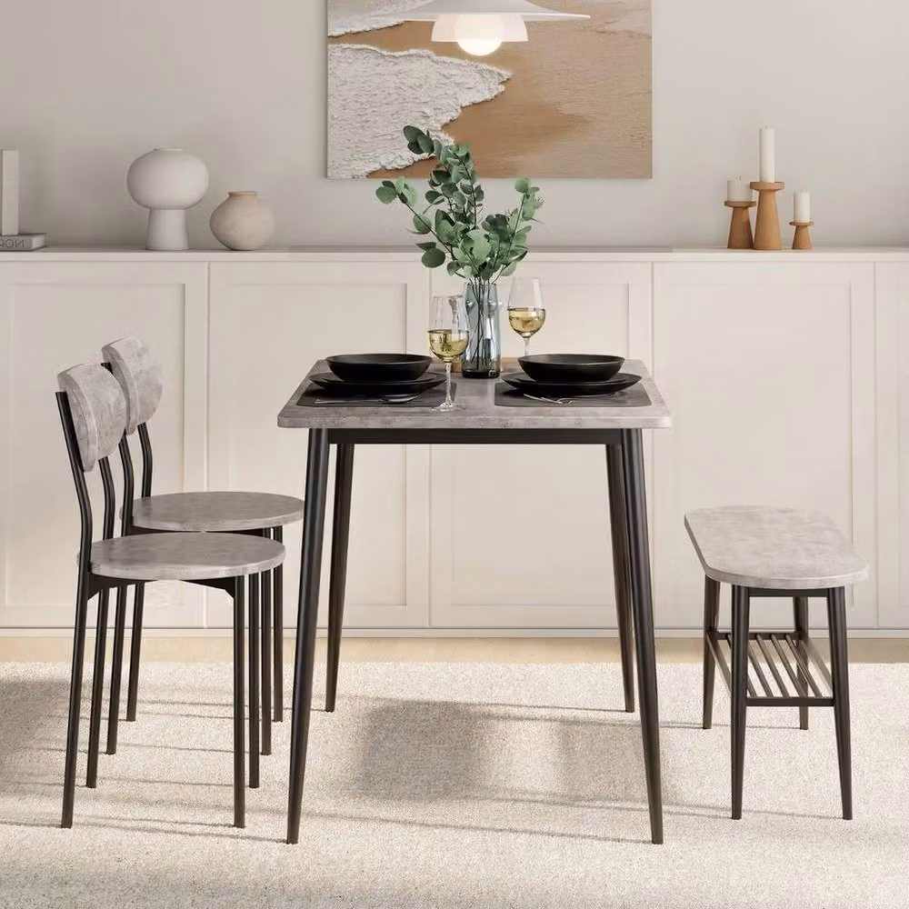 NESTLUNE Dining Room Set with Rectangular Concrete Effect Table, Bench and Chairs in Grey – 2