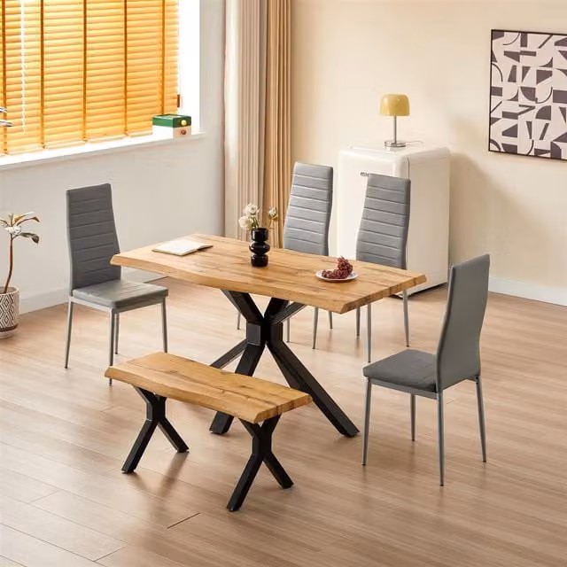 Kosy Koala 6 Piece Dining Set with Wood Table, Metal X-Frame Chairs and Bench in Grey, Brown and Black