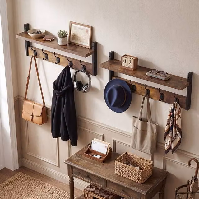 Levede 2 Pack Brown and Black Wooden Wall Mounted Coat Rack with Storage Shelf and Hooks, W: 60 cm