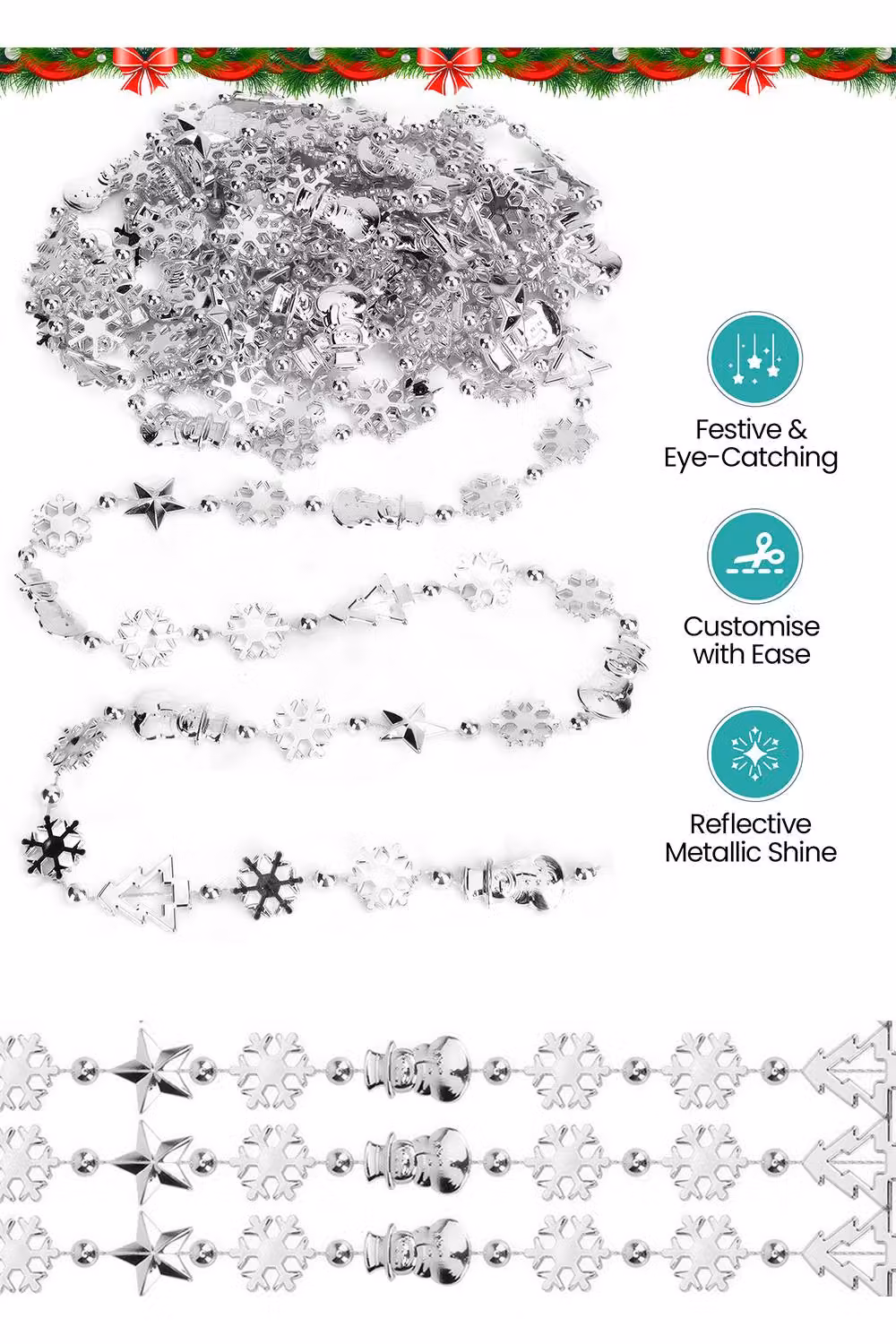 Neel Blue Christmas Bead Chain Garland with Silver Snowflake and Tree Motifs – 2