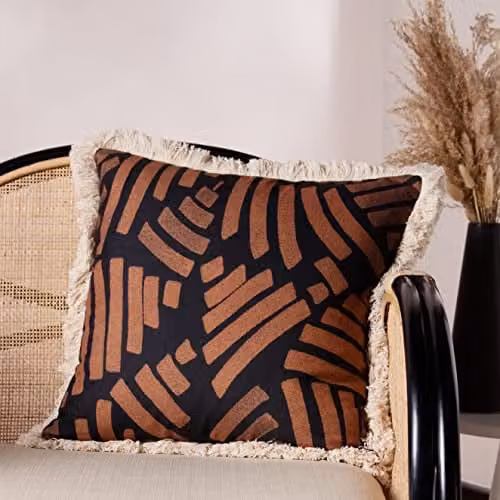Paoletti Oromo Brown Printed Geometric Fringed Square Cushion, W/D/H: 45 x 45 x 45 cm – 4
