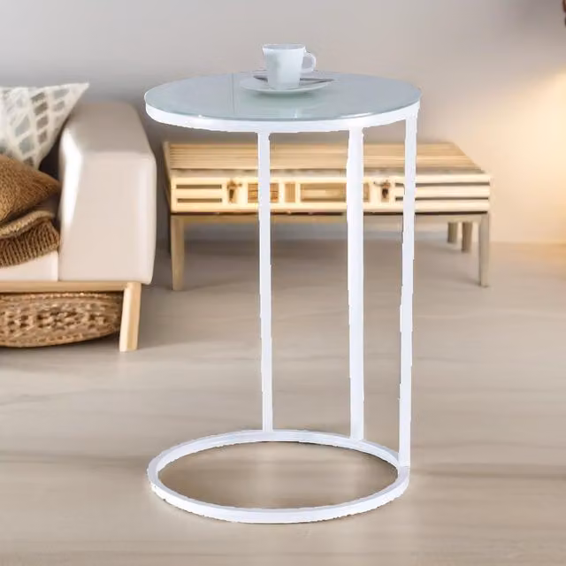 Pirlo Plush C Shaped Side Table with White Glass Top and Chrome Finish