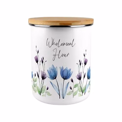 Purely Home Blooming Lovely Flowers Wholemeal Flour Canister - Blue, Purple and White Floral Enamel Kitchen Storage Container