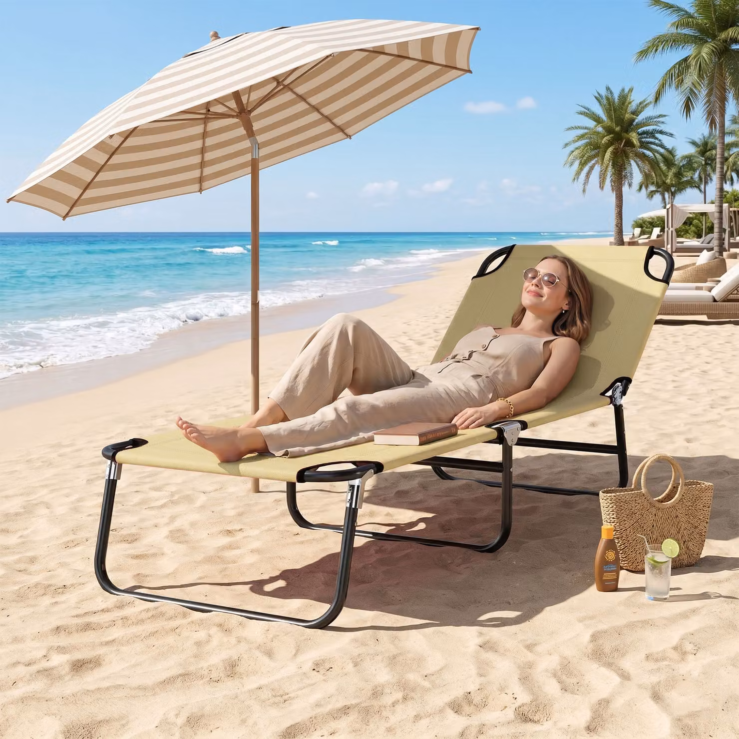 Outsunny Portable Folding Sun Lounger with 5-Position Adjustable Backrest in Beige – 8