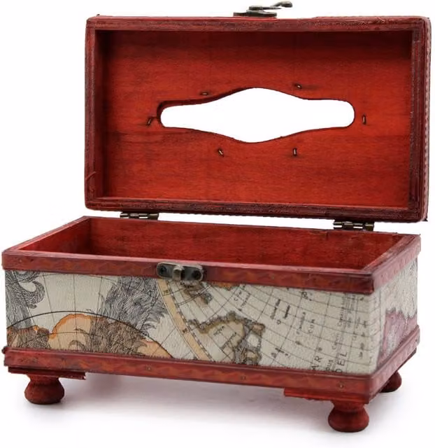 KDMK Vintage Map Tissue Box with Legs in Antique Colonial Style, Dark Brown and Multicolour