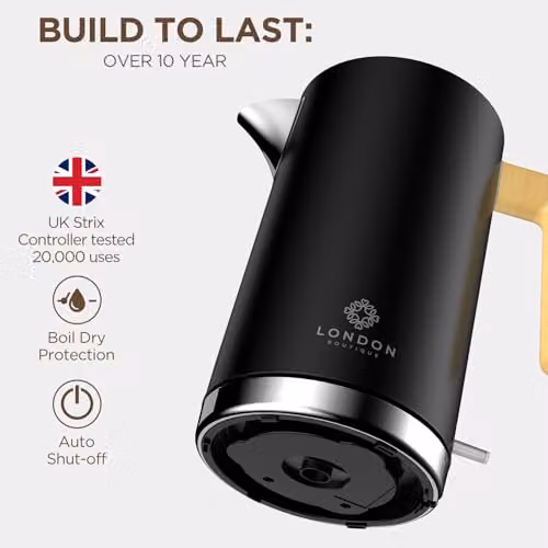 London Boutique 1.7L Electric Kettle in Matte Black, 2500W Fast Boil Cordless Stainless Steel Kettle with Wood Effect Handle, Strix Controller, Auto Shut-Off and Limescale Filter – 3