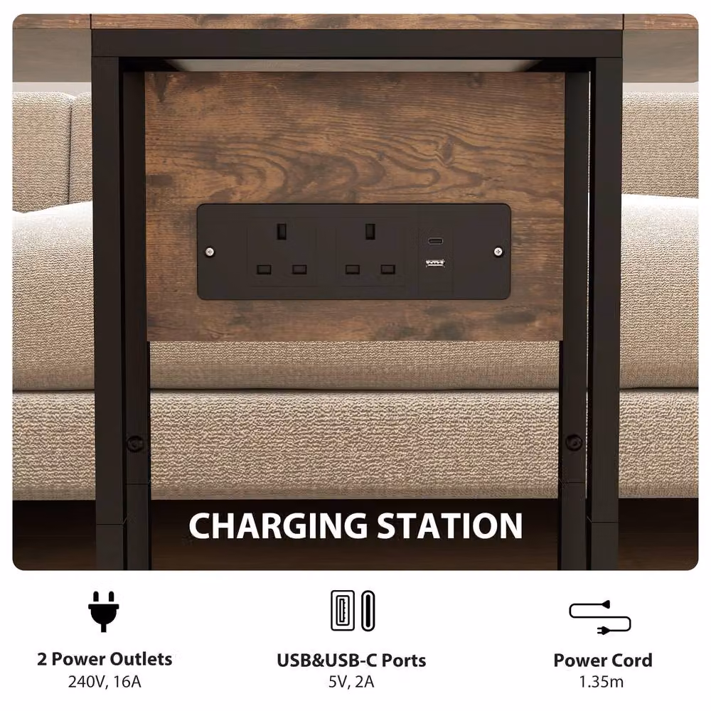 ERGOVEXA C Shaped Side Table with Charging Station and Foldable Drop Leaf Top in Rustic Brown and Black – 4
