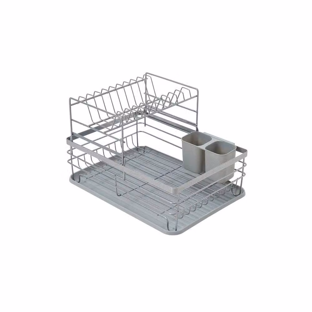 FORGEVIO 2-Tier Grey Dish Drainer with Cutlery Holder and Drip Tray – 3