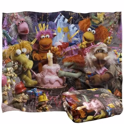 LOGOVISION Jim Henson Fraggle Rock 40th Birthday Party Super Soft Microfibre Fleece Throw Blanket, White, W/D/H: 152 x 127 cm – 1