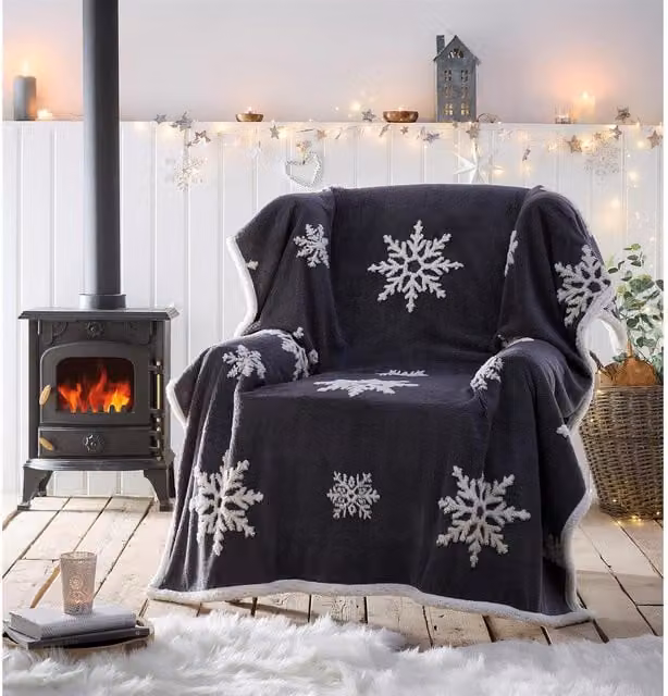 Porfolio Living Snowflake Sherpa Fleece Throw, Grey and White, W/D/H: 130 x 170 cm