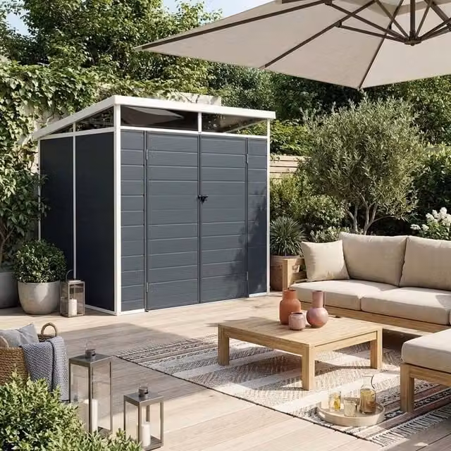 sweeek 4.55 m2 Plastic Pent Garden Shed with Double Doors and Window in Anthracite Grey, H 238 cm x W 190 cm x D 150 cm