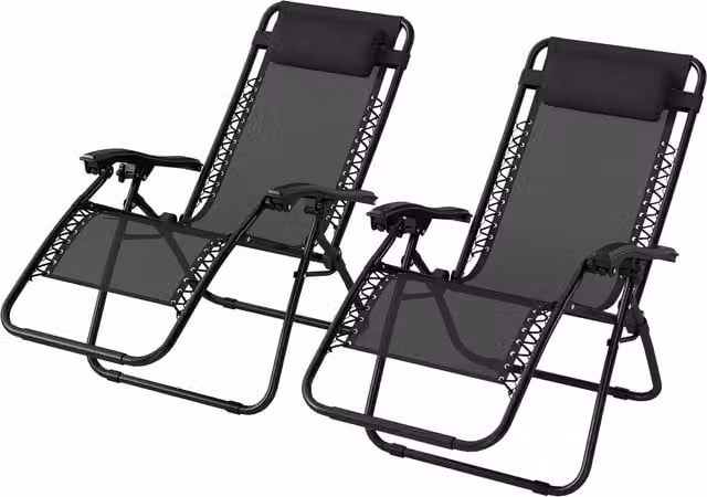 Outsunny Set of 2 Black Zero Gravity Reclining Sun Loungers with Metal Frame and Adjustable Headrest