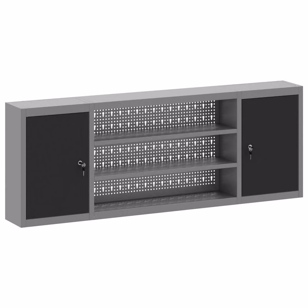 Berkfield Home Wall-Mounted Steel Tool Cabinet with Pegboard and Hinged Doors, Black, W: 150 cm, D: 20 cm, H: 55 cm – 1