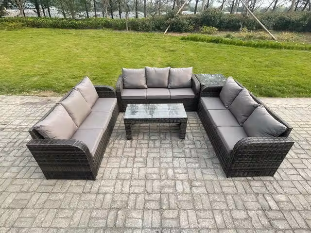 Fimous Rattan Outdoor Lounge Sofa Set with Rectangular Coffee Table and Side Table in Dark Grey Mixed