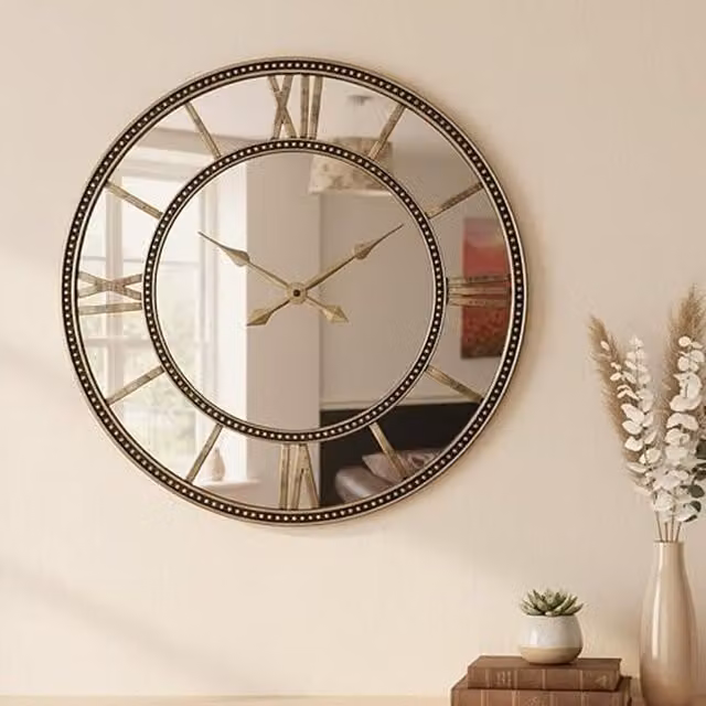 DEENZ Vintage Round Ornate Brass Mirrored Face Wall Clock with Double Row Beaded Edge in Gold, Diameter: 56 cm