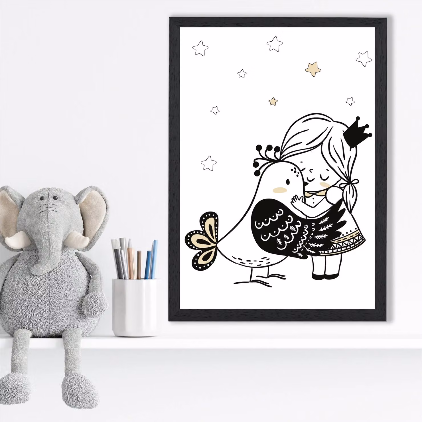 ARTZE Scandi Princess Little Hugging Bird Framed Print, Black Frame, A2 – 2