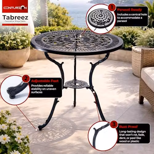 Centurion TABREEZ Cast Aluminium Round Garden Bistro Table in Black with Parasol Hole, Diameter: 69.5 cm – 3