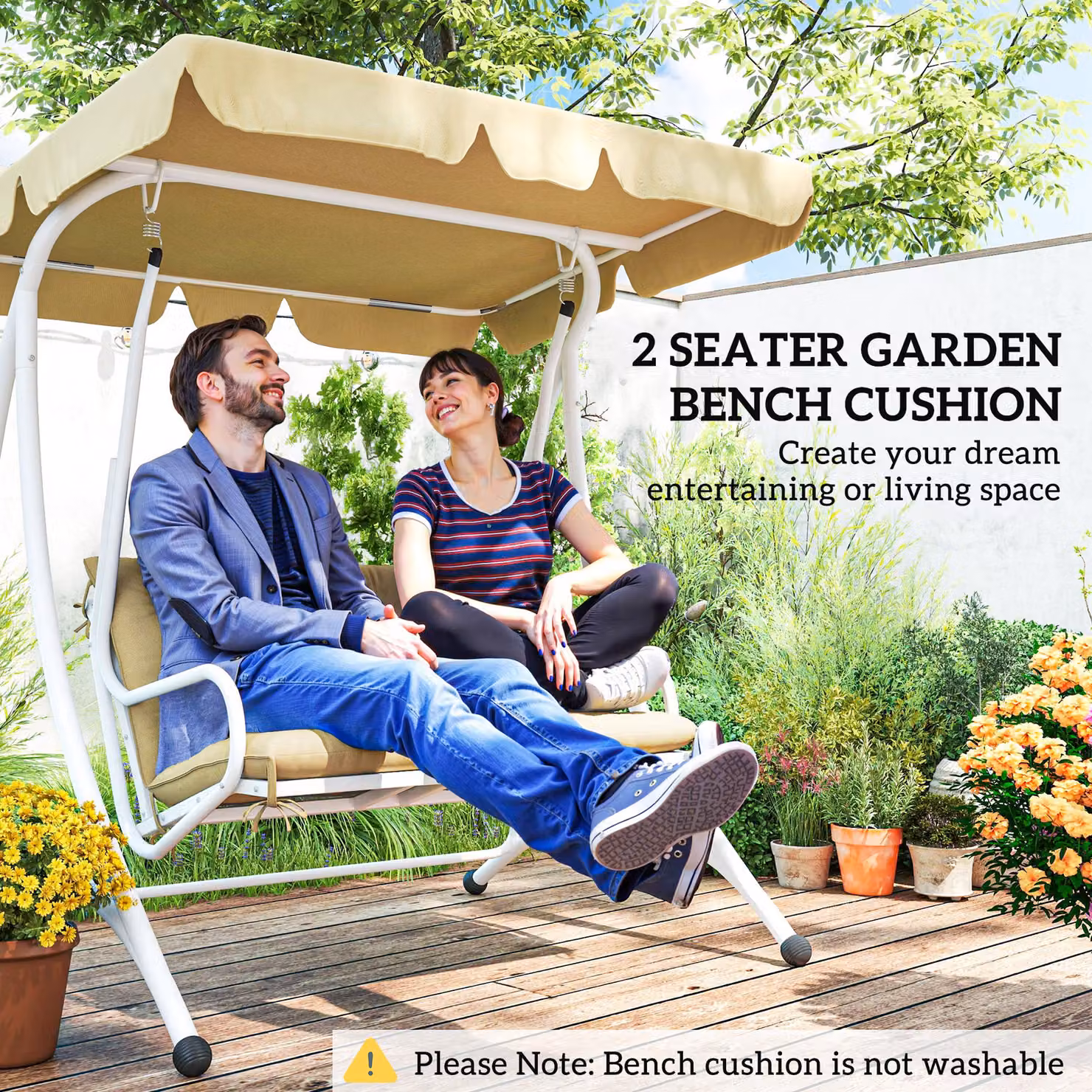 Outsunny Two-Seater Rectangular Bench Cushion in Beige with Water-Repellent Polyester and Cotton Ties – 5
