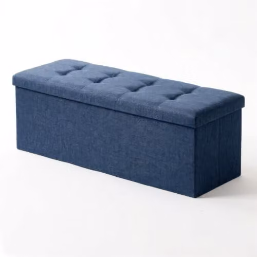 Harbour Housewares Foldable Storage Ottoman Bench in Blue Fabric, W/D/H: 111 x 39 x 36 cm – 1