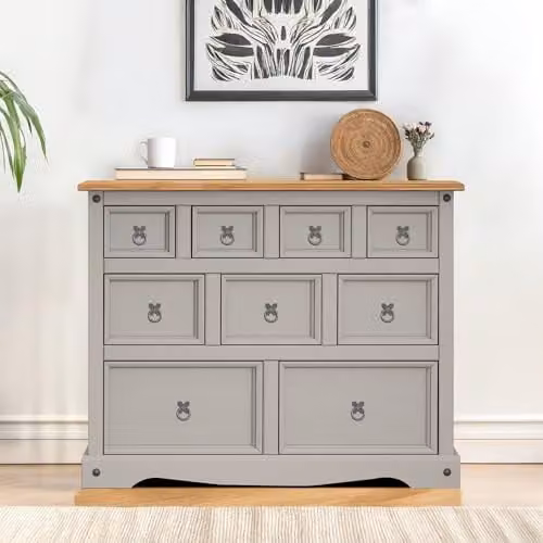 Mercers Furniture Corona 9 Drawer Merchants Chest of Drawers in Grey Waxed Solid Pine, W: 103 cm, D: 46 cm, H: 83 cm
