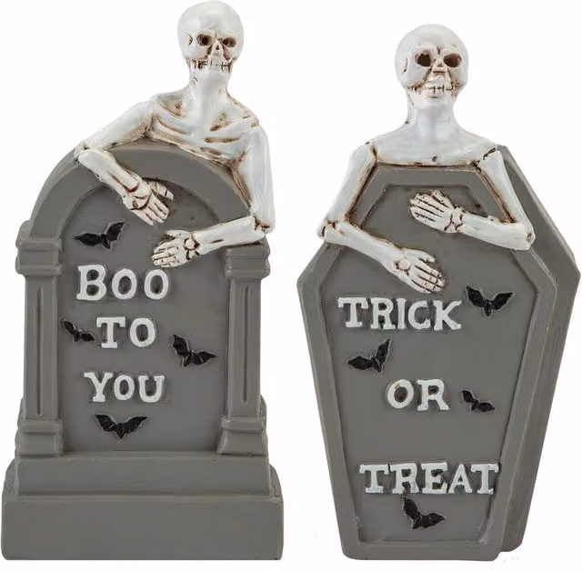 VFM e-Store Halloween Tombstone Skeletons Trick Or Treat-Boo-Spooky 2 Pack in Grey