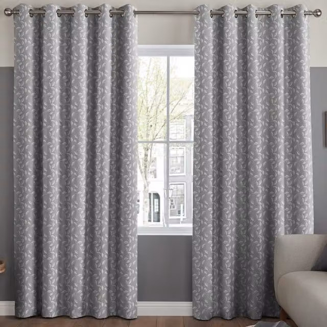 Simply Collection Leaf Vine Made to Measure Blackout Eyelet Curtain Panel in Grey Floral Design