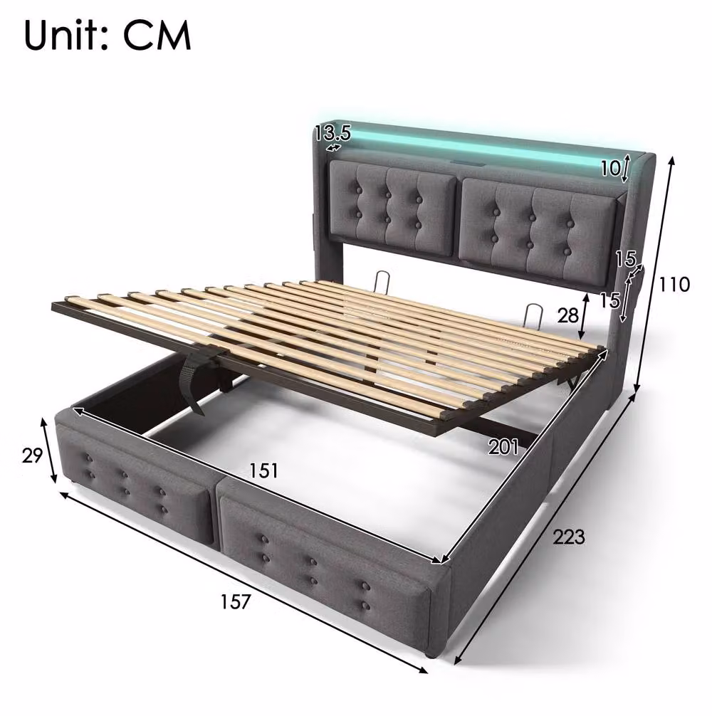 STILVORA King Size Ottoman Bed in Grey Linen with LED Lighting, USB Charging Port and Bedside Shelf – 2