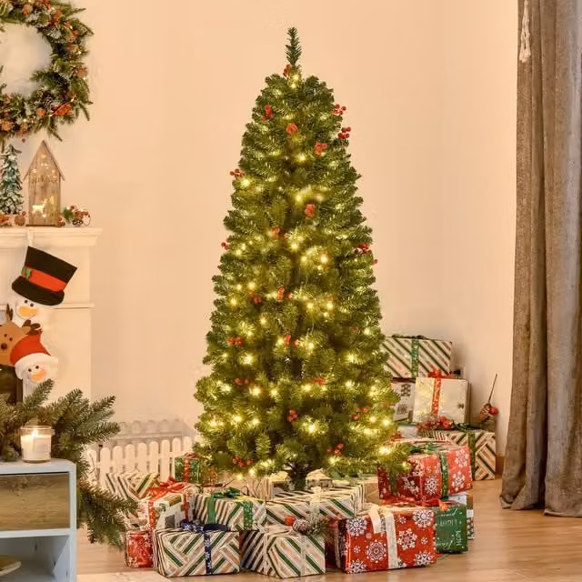 HOMCOM 5ft Artificial Pencil Christmas Tree with LED Lights and Berry Decor in Green, Height: 152.4 cm – 1