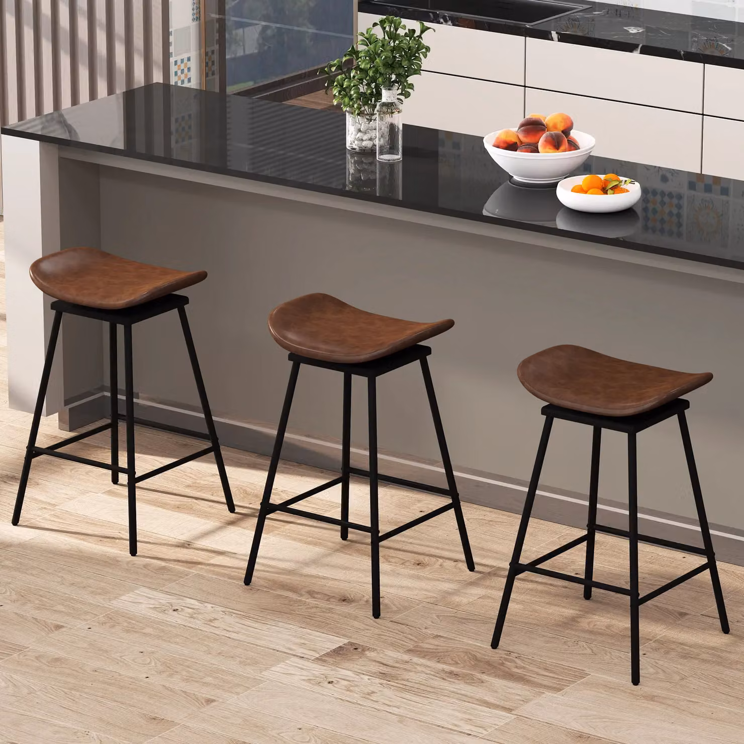 Costway Set of 2 Brown Faux Leather Swivel Barstools with Metal Frame – 2