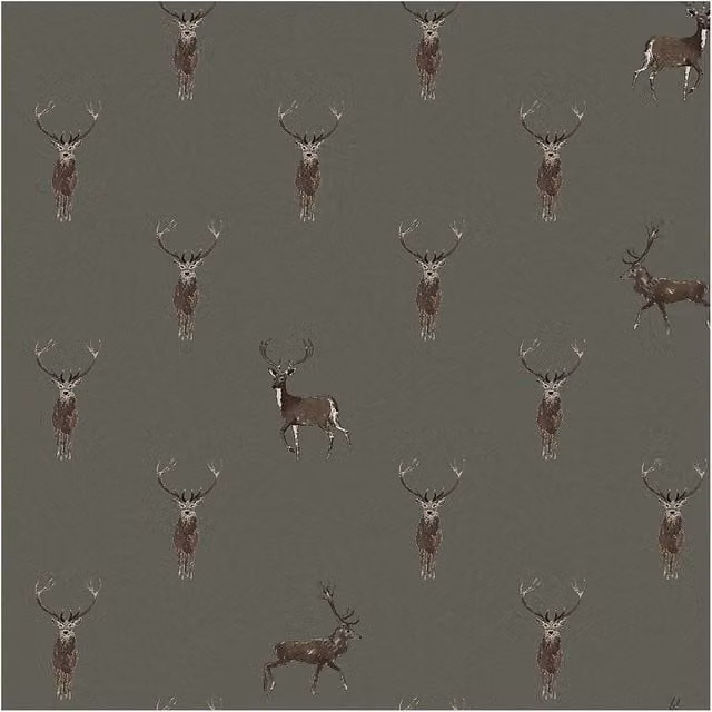 Sophie Allport Highland Stag Charcoal Animal Print Wallpaper in Grey and Anthracite, Width: 52 cm, Length: 1000 cm